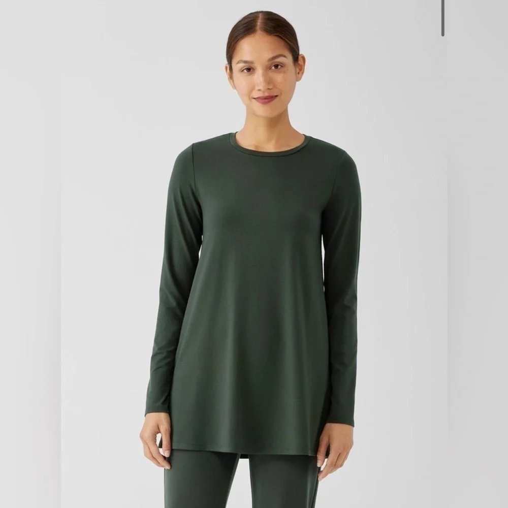 Eillen Fisher Stretch Jersey Knit Crew Neck Long Top 827